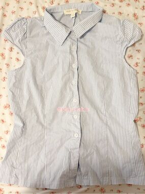 Light Blue & White Striped Button-Up Cap Sleeve Top